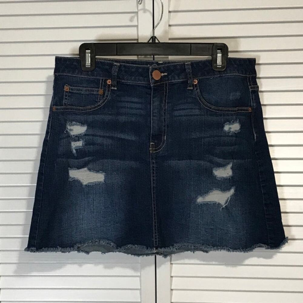 No Bo Y2K Retro Boho Mid Rise Distressed Blue Denim Mini Jean Skirt Juniors 15